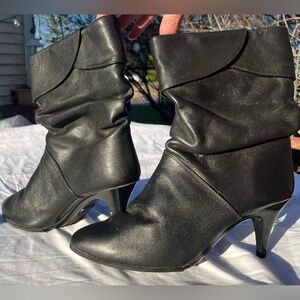 Women’s Genuine Black Leather Heeled Ankle Boots, Size 8N